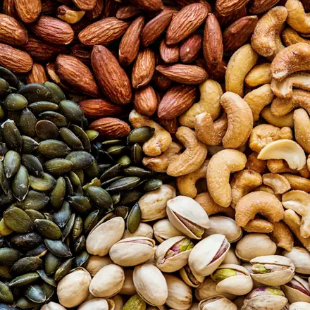 Almonds, cashews, pistachios and pumpkin seeds