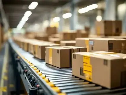 Cartons moving on a conveyor belt in a packing and distribution warehouse