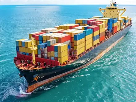 Container ship carrying export cargo containers across the sea